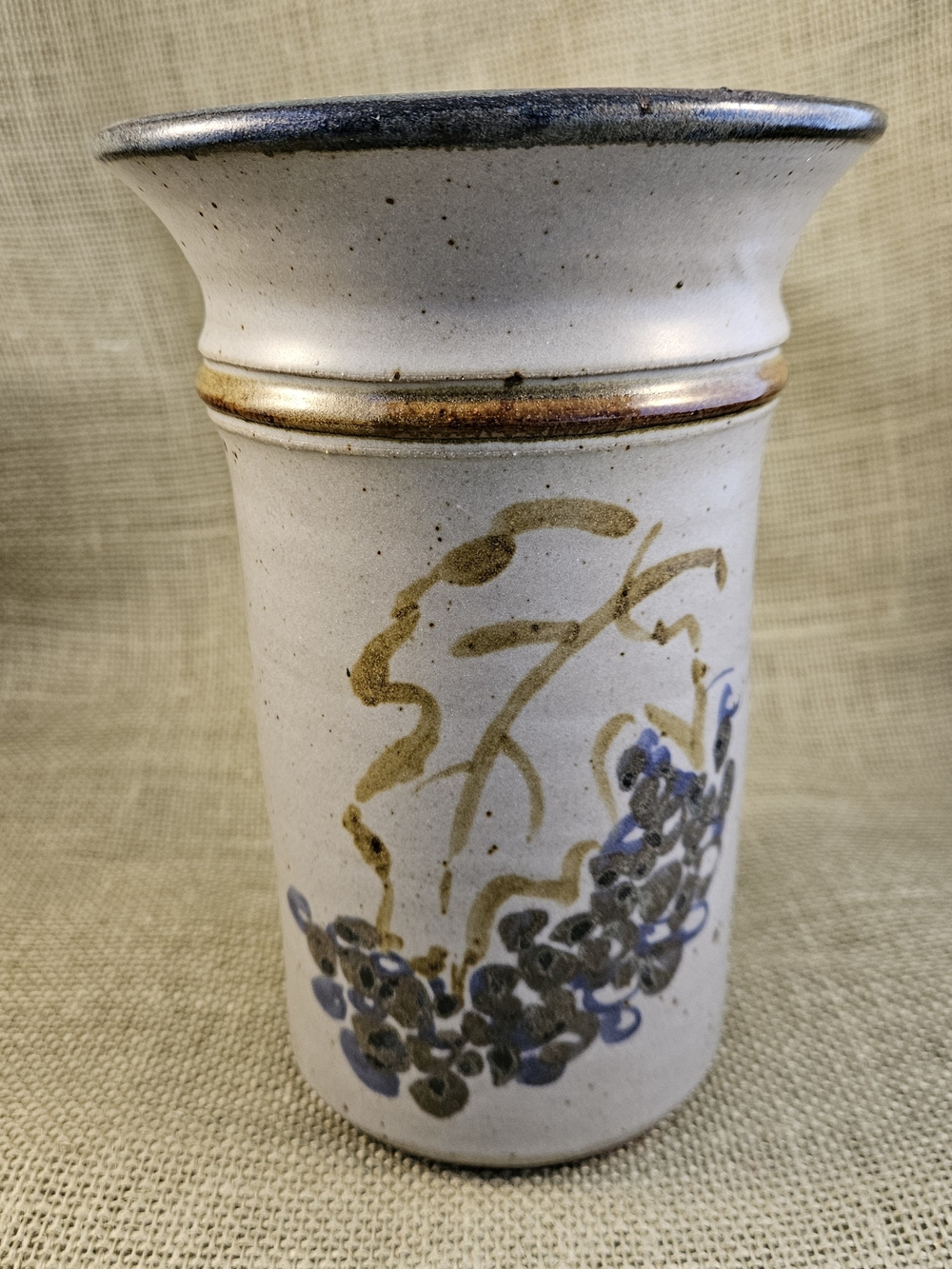 Hand-Painted Ceramic Vase Gray With Purple Grapes Also For Holding Brushes/Pens